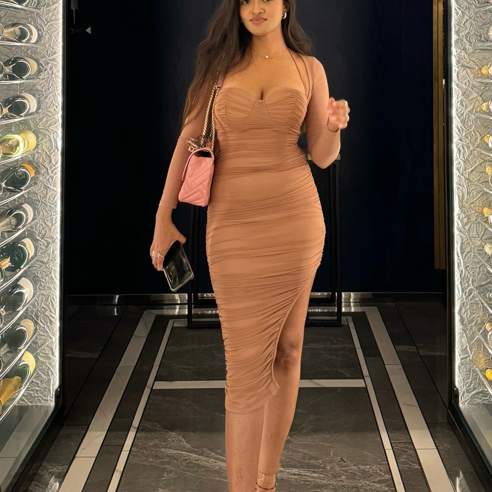 Elegant Nude Pink Ruched Dress - Picture 2 of 4